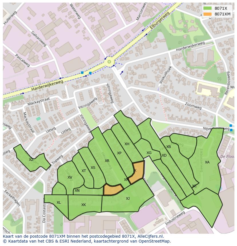 Afbeelding van het postcodegebied 8071 XM op de kaart.