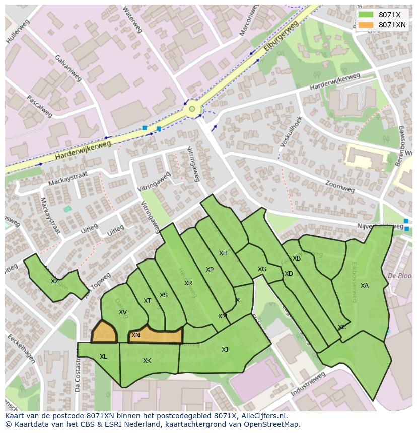 Afbeelding van het postcodegebied 8071 XN op de kaart.