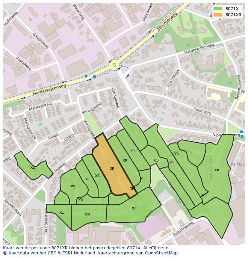 Afbeelding van het postcodegebied 8071 XR op de kaart.