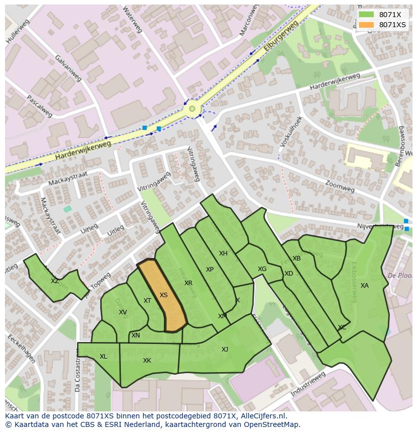 Afbeelding van het postcodegebied 8071 XS op de kaart.