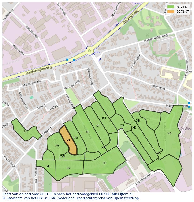 Afbeelding van het postcodegebied 8071 XT op de kaart.