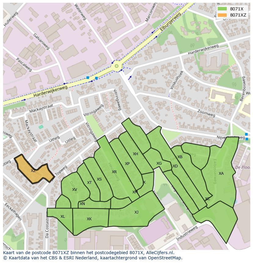 Afbeelding van het postcodegebied 8071 XZ op de kaart.
