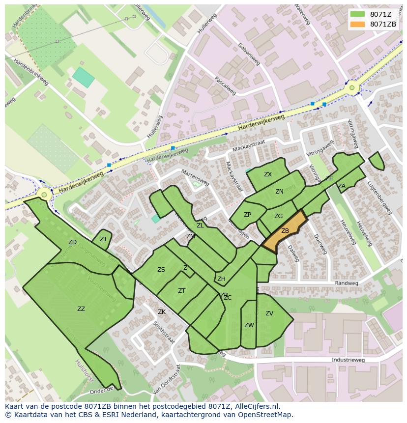 Afbeelding van het postcodegebied 8071 ZB op de kaart.