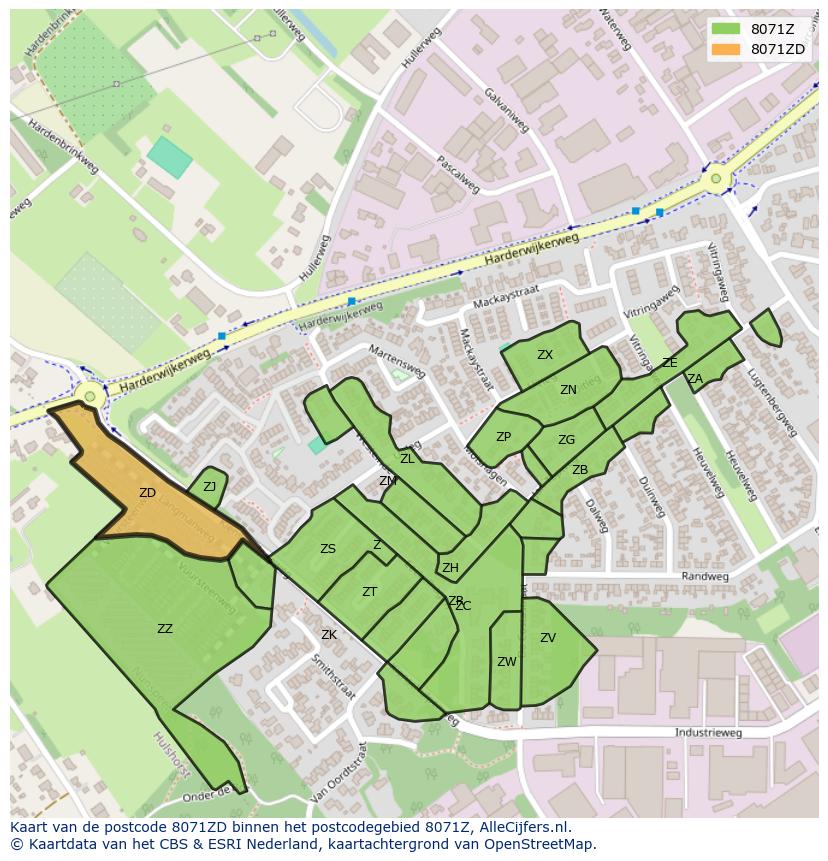 Afbeelding van het postcodegebied 8071 ZD op de kaart.