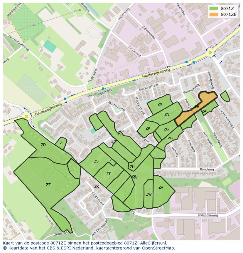 Afbeelding van het postcodegebied 8071 ZE op de kaart.