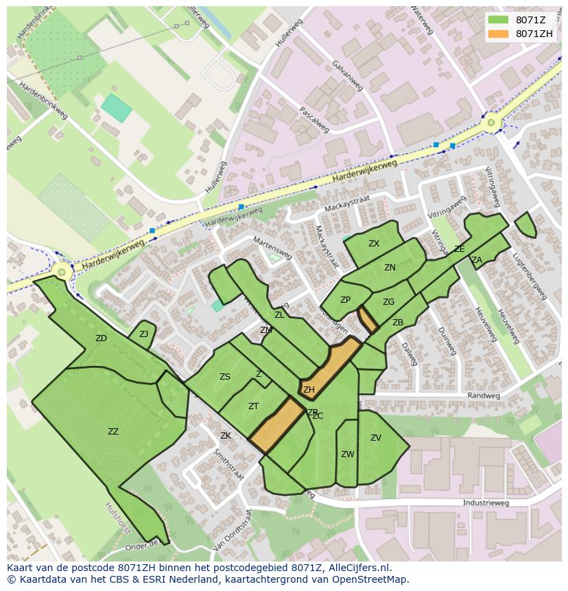 Afbeelding van het postcodegebied 8071 ZH op de kaart.