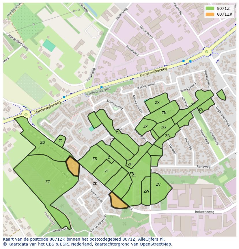 Afbeelding van het postcodegebied 8071 ZK op de kaart.