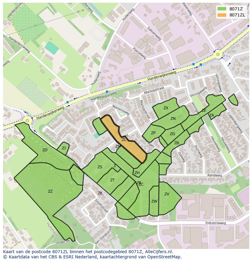 Afbeelding van het postcodegebied 8071 ZL op de kaart.