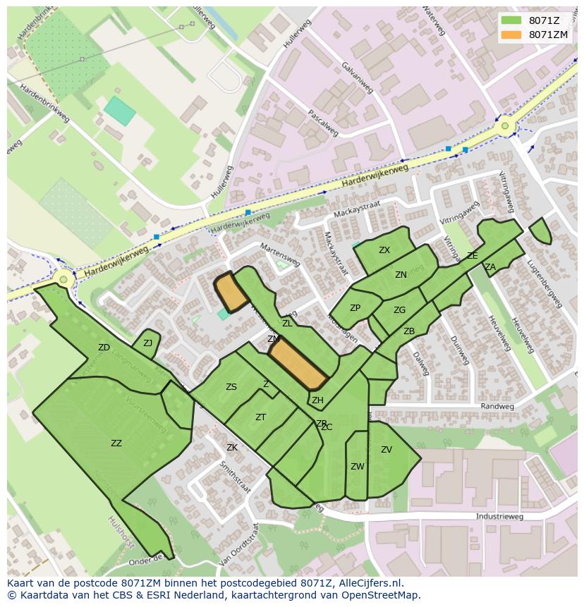 Afbeelding van het postcodegebied 8071 ZM op de kaart.