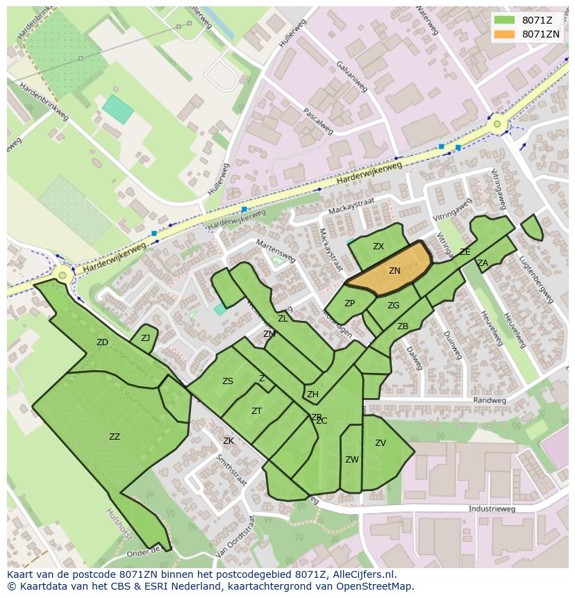 Afbeelding van het postcodegebied 8071 ZN op de kaart.