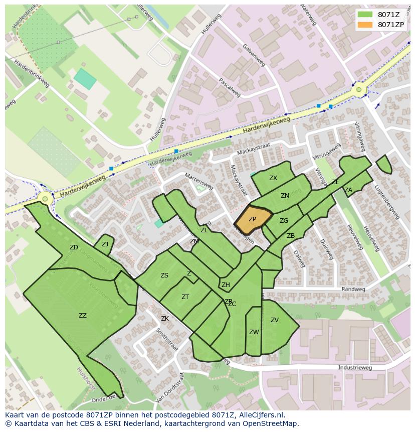 Afbeelding van het postcodegebied 8071 ZP op de kaart.