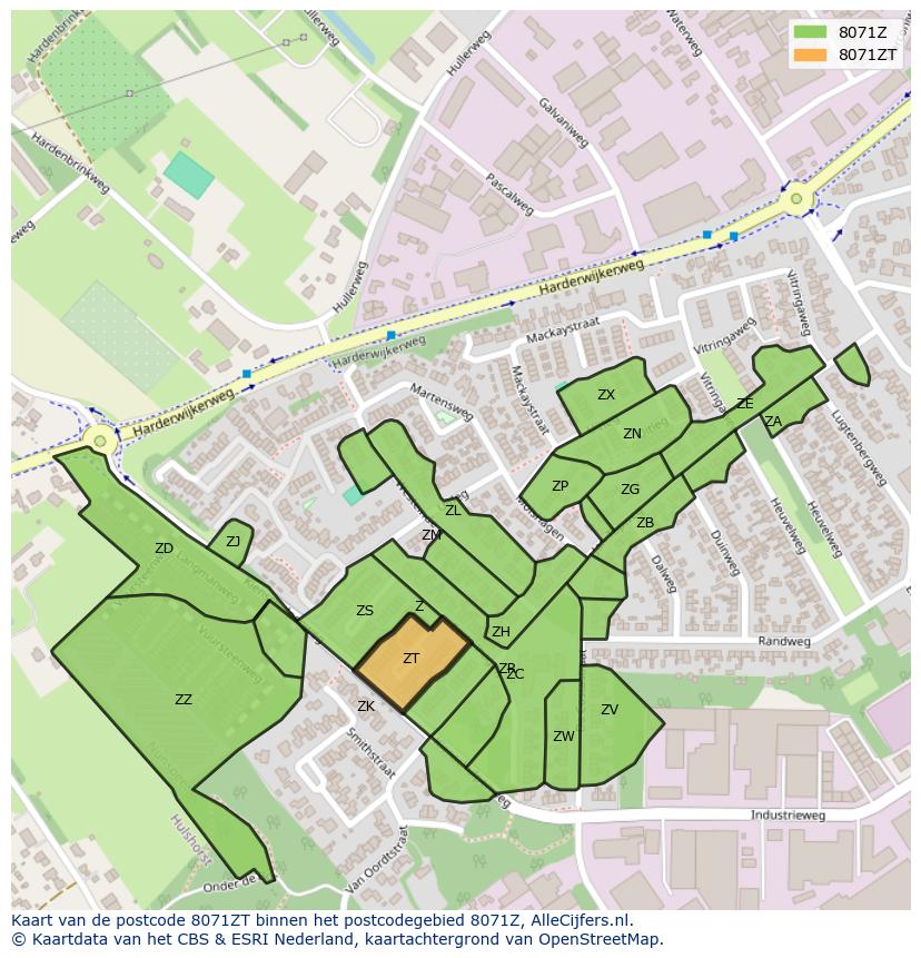 Afbeelding van het postcodegebied 8071 ZT op de kaart.