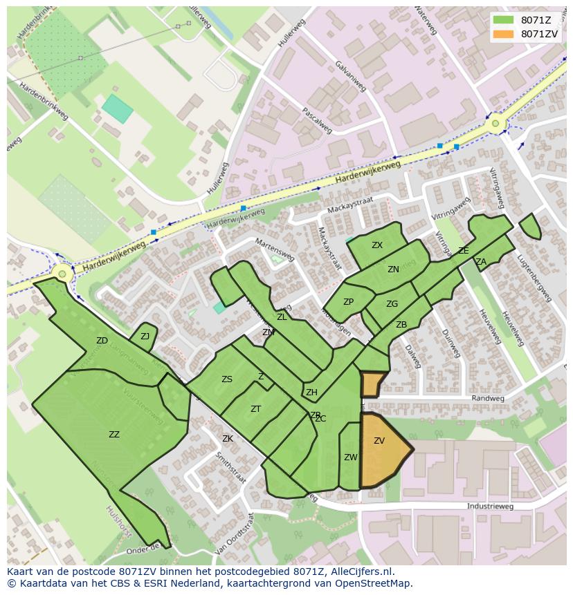 Afbeelding van het postcodegebied 8071 ZV op de kaart.