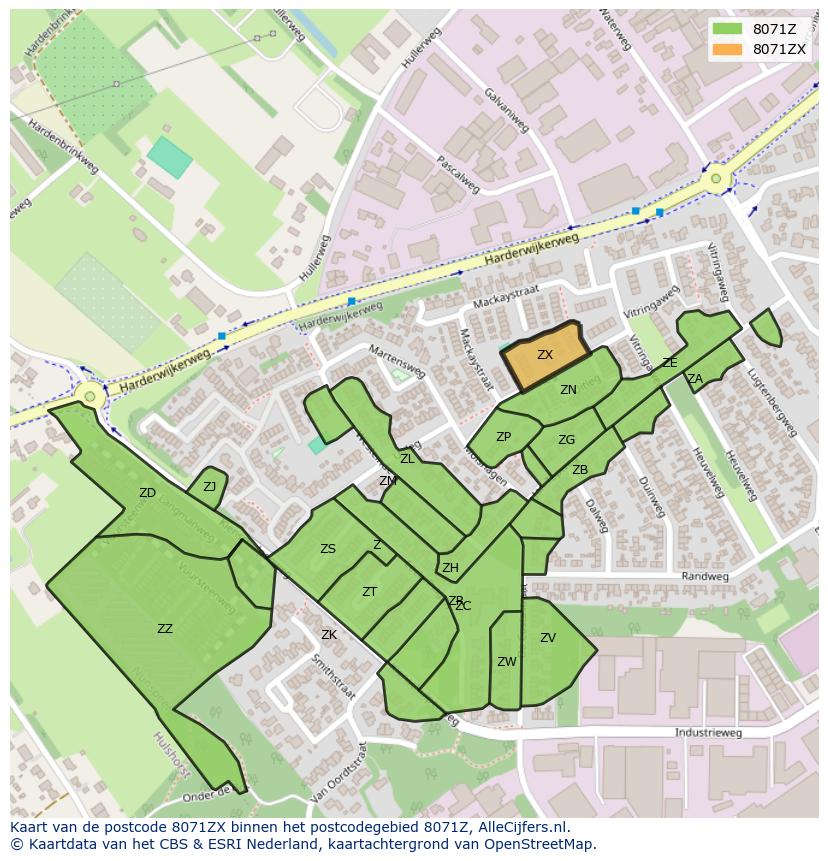 Afbeelding van het postcodegebied 8071 ZX op de kaart.