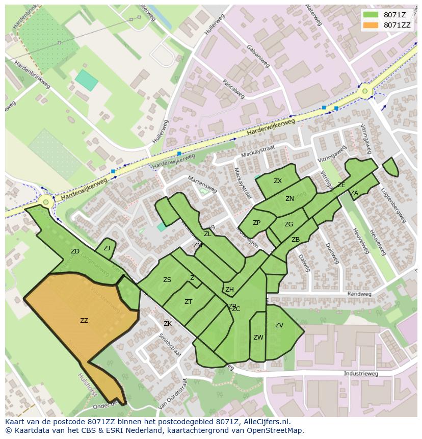 Afbeelding van het postcodegebied 8071 ZZ op de kaart.