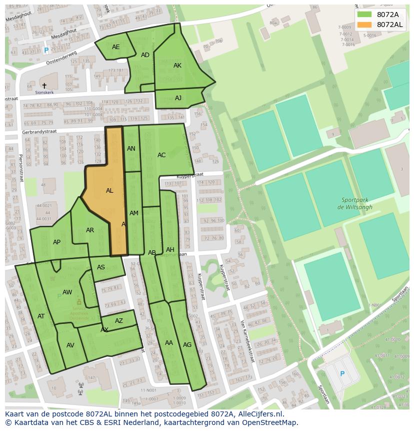 Afbeelding van het postcodegebied 8072 AL op de kaart.