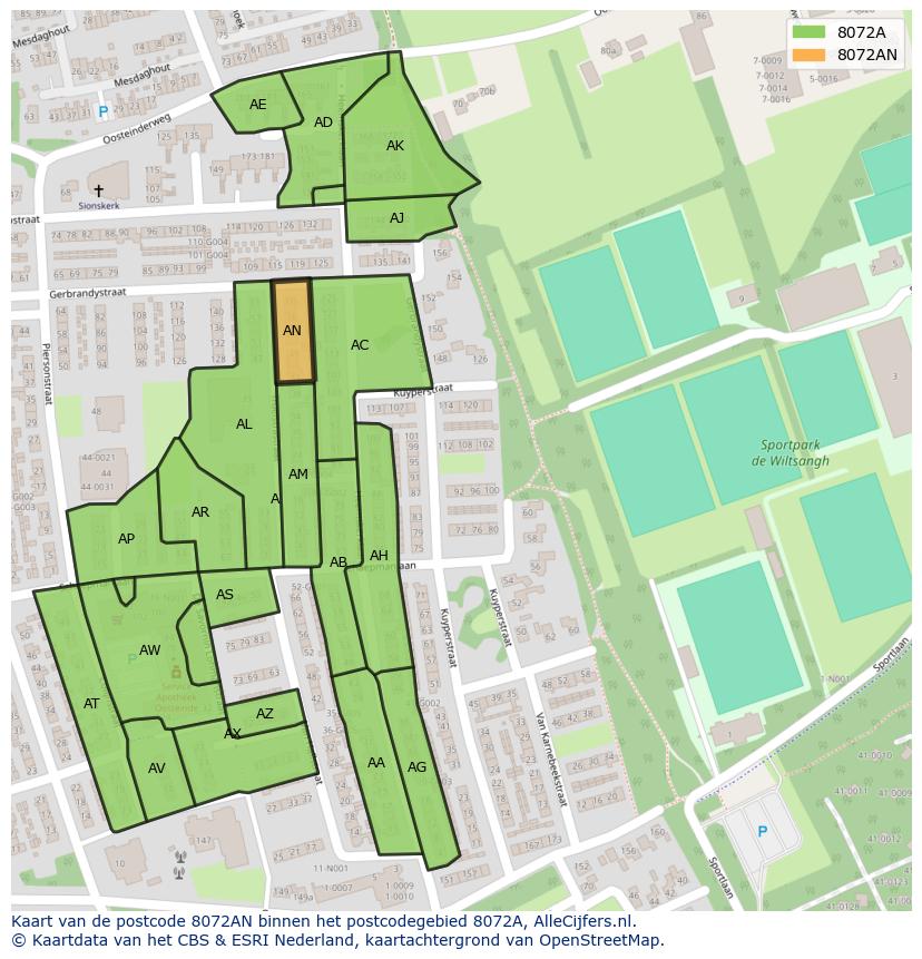 Afbeelding van het postcodegebied 8072 AN op de kaart.