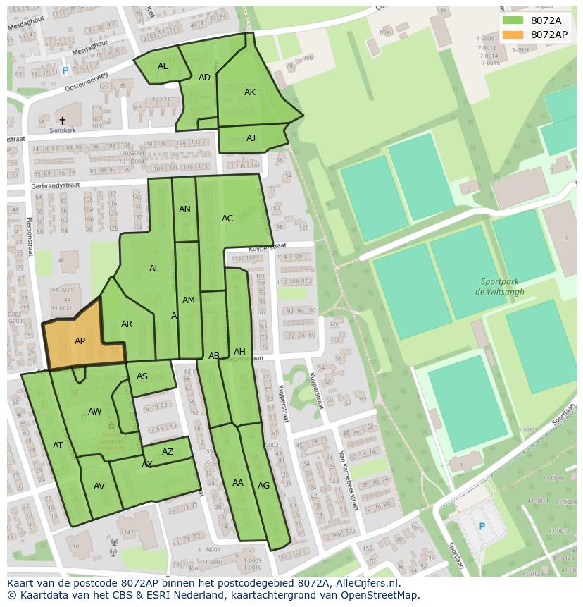 Afbeelding van het postcodegebied 8072 AP op de kaart.