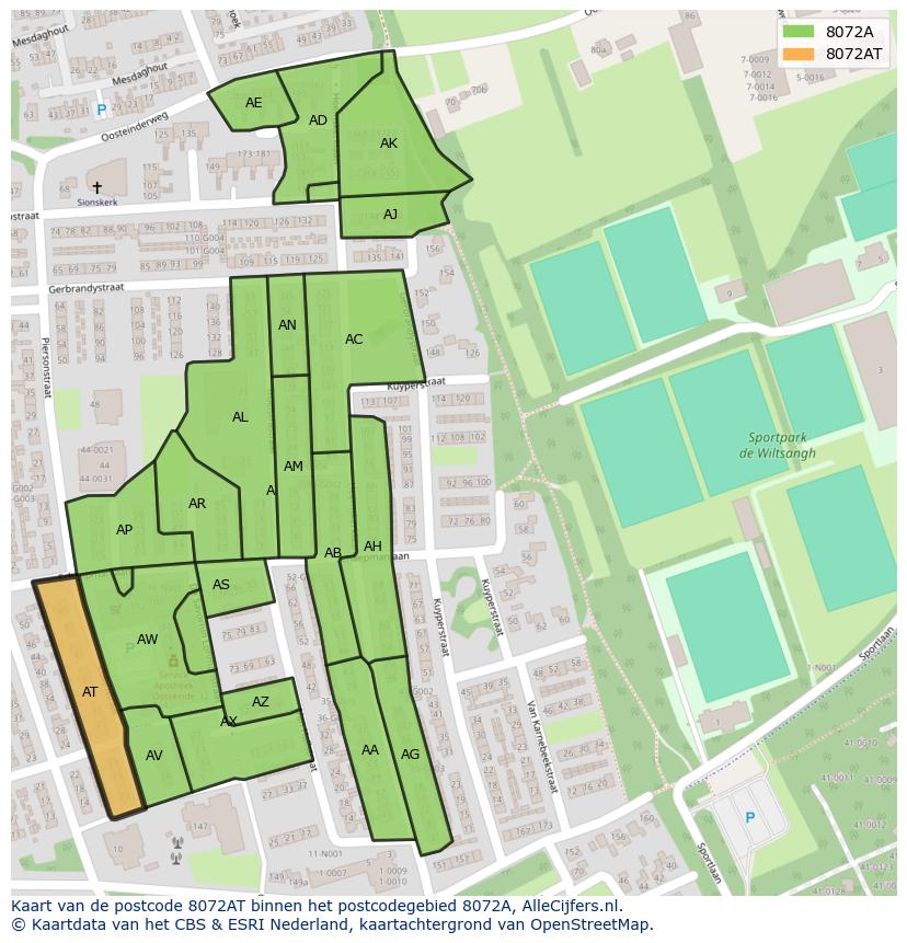 Afbeelding van het postcodegebied 8072 AT op de kaart.
