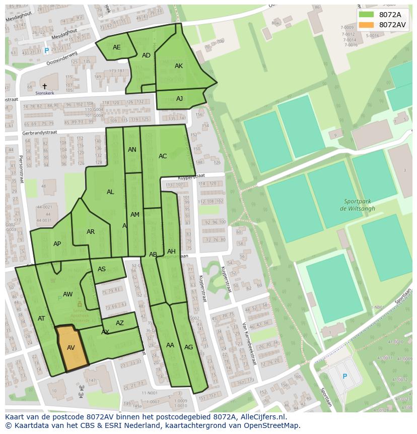 Afbeelding van het postcodegebied 8072 AV op de kaart.