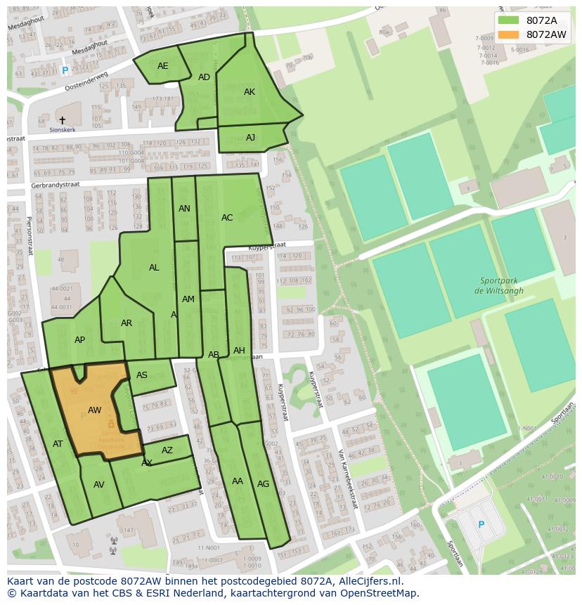 Afbeelding van het postcodegebied 8072 AW op de kaart.