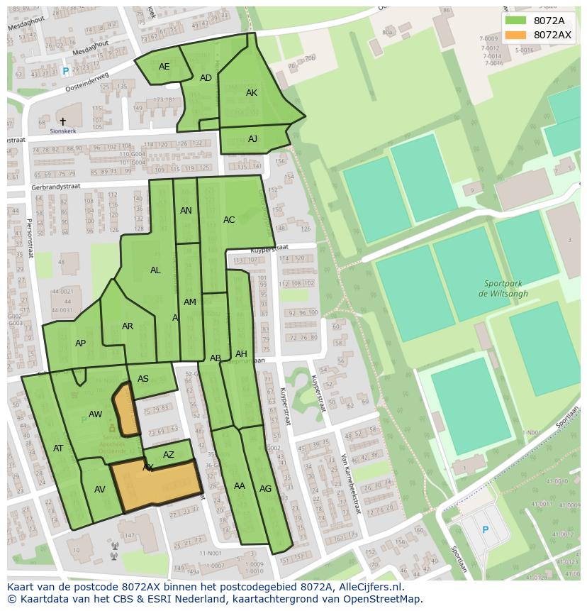Afbeelding van het postcodegebied 8072 AX op de kaart.