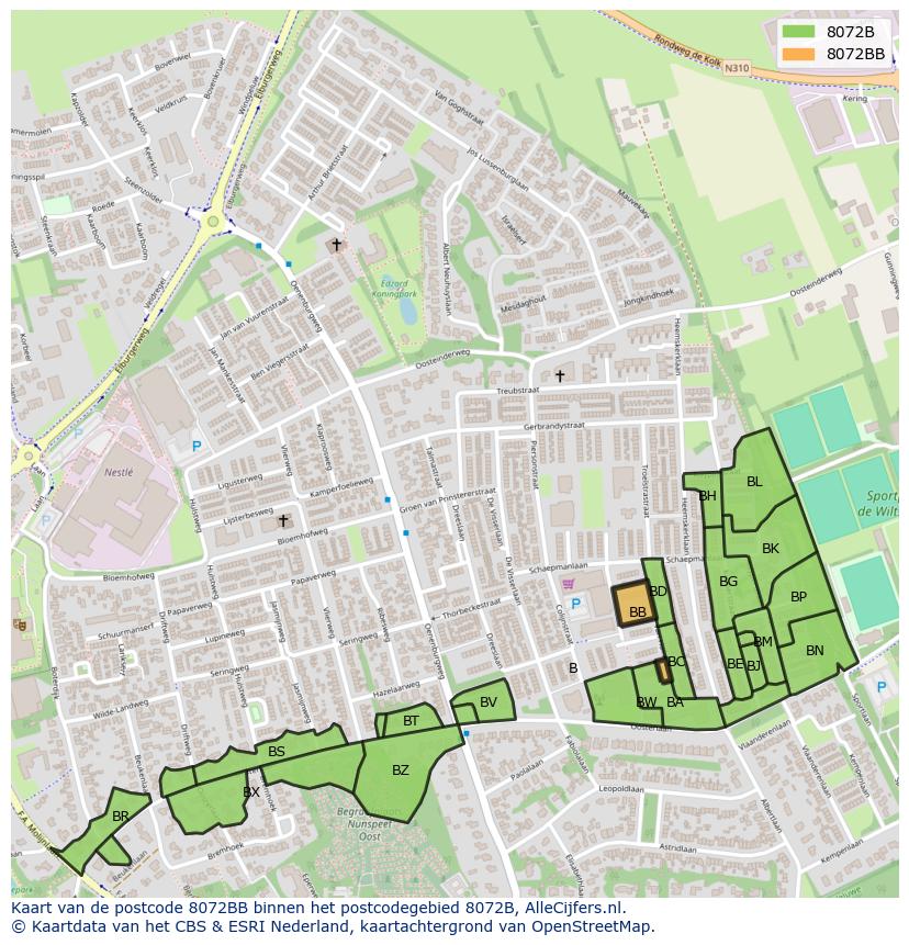 Afbeelding van het postcodegebied 8072 BB op de kaart.