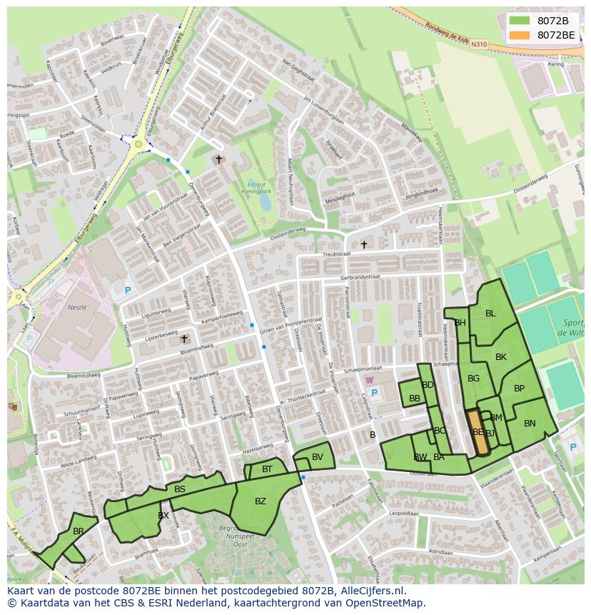 Afbeelding van het postcodegebied 8072 BE op de kaart.
