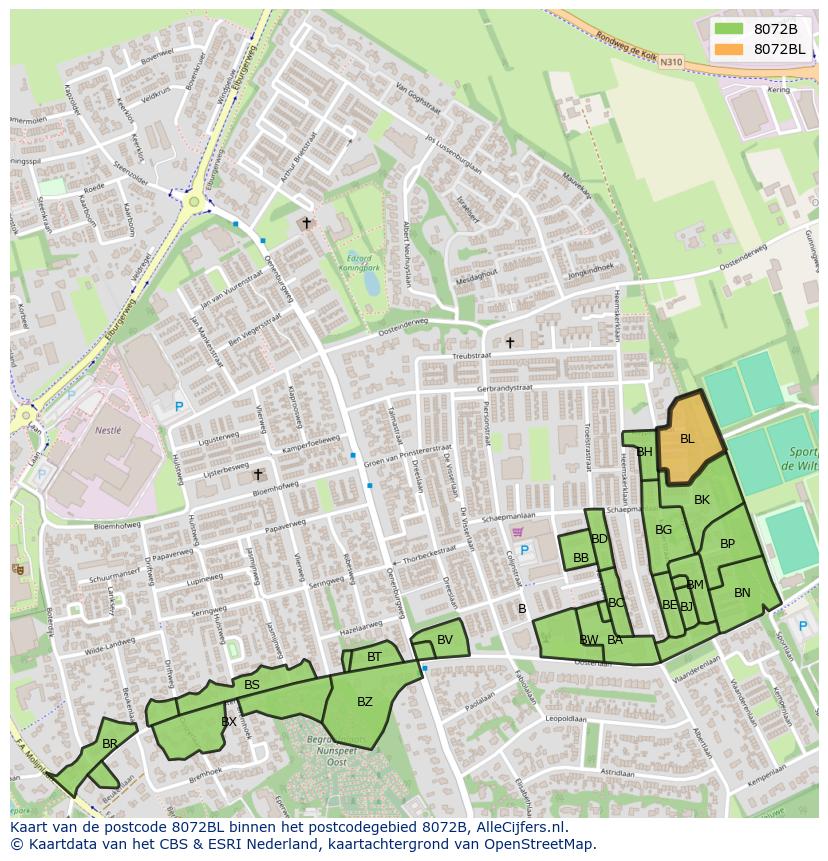 Afbeelding van het postcodegebied 8072 BL op de kaart.