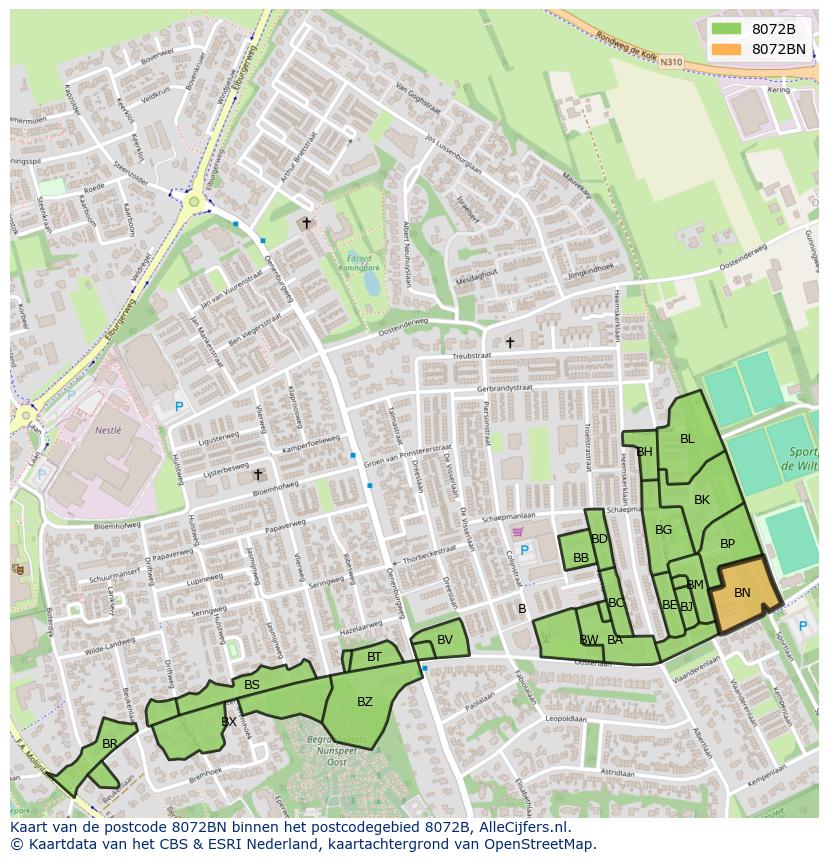 Afbeelding van het postcodegebied 8072 BN op de kaart.