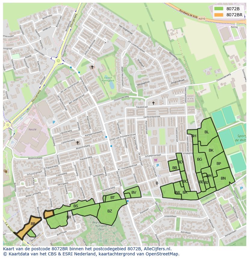 Afbeelding van het postcodegebied 8072 BR op de kaart.