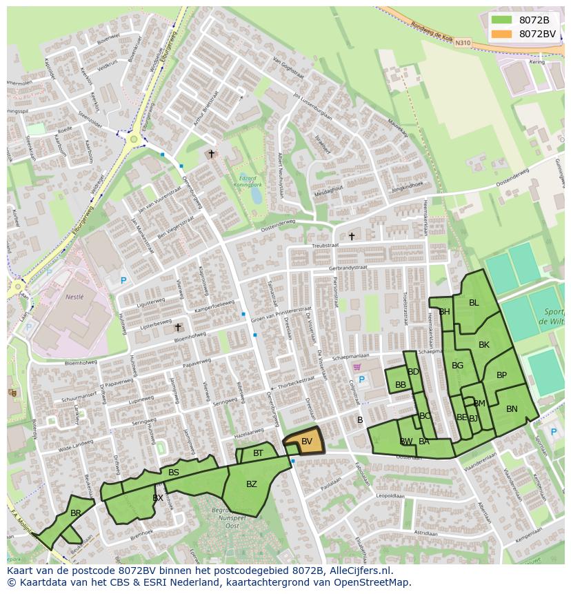 Afbeelding van het postcodegebied 8072 BV op de kaart.