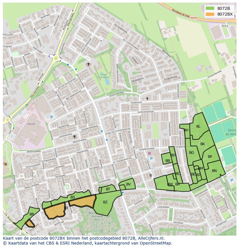 Afbeelding van het postcodegebied 8072 BX op de kaart.