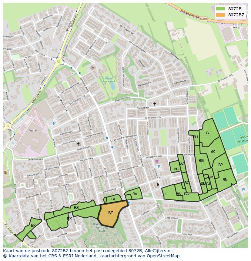 Afbeelding van het postcodegebied 8072 BZ op de kaart.