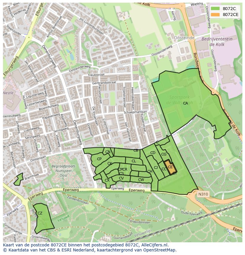 Afbeelding van het postcodegebied 8072 CE op de kaart.