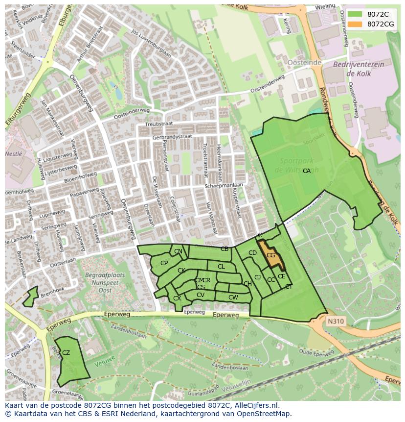 Afbeelding van het postcodegebied 8072 CG op de kaart.