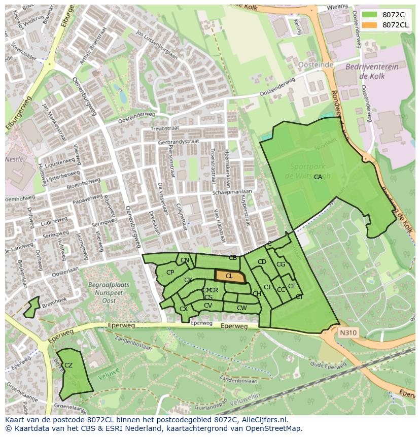 Afbeelding van het postcodegebied 8072 CL op de kaart.
