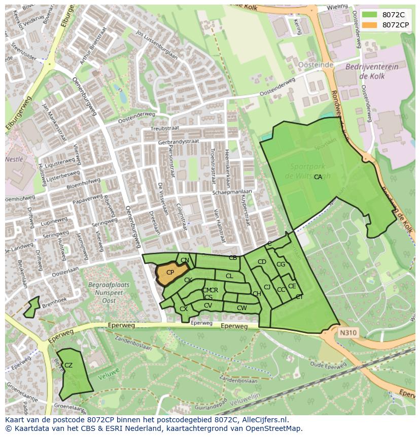 Afbeelding van het postcodegebied 8072 CP op de kaart.