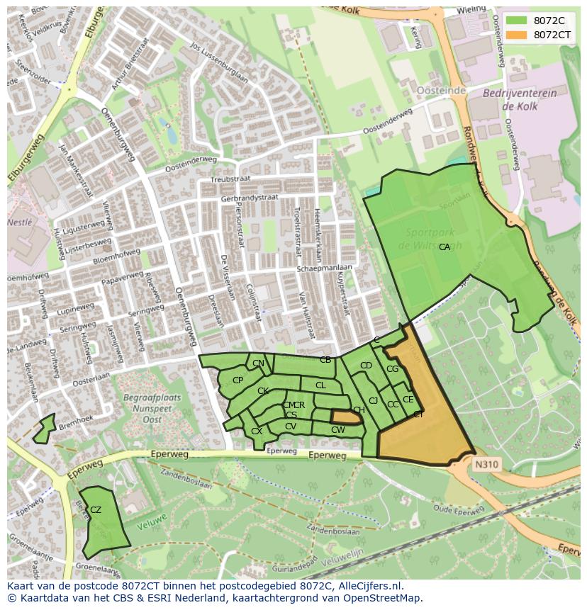 Afbeelding van het postcodegebied 8072 CT op de kaart.