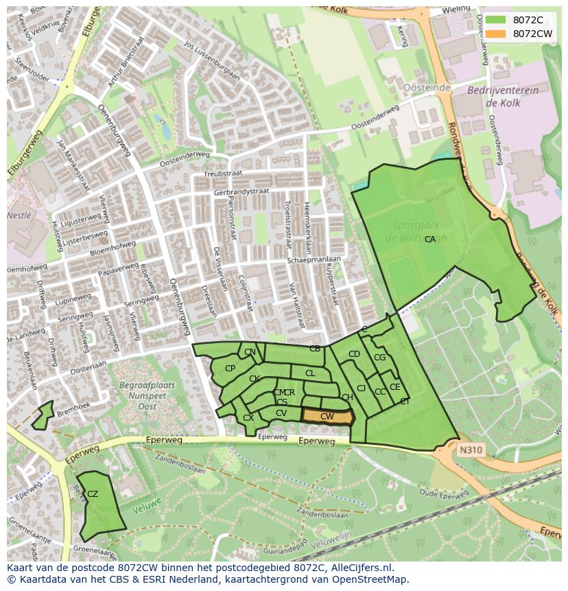Afbeelding van het postcodegebied 8072 CW op de kaart.