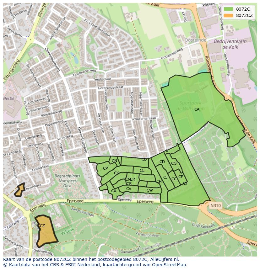 Afbeelding van het postcodegebied 8072 CZ op de kaart.