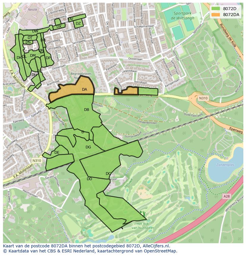 Afbeelding van het postcodegebied 8072 DA op de kaart.