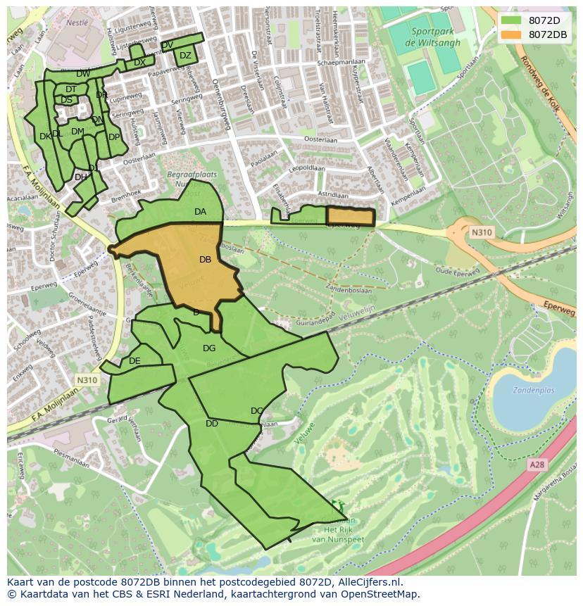 Afbeelding van het postcodegebied 8072 DB op de kaart.