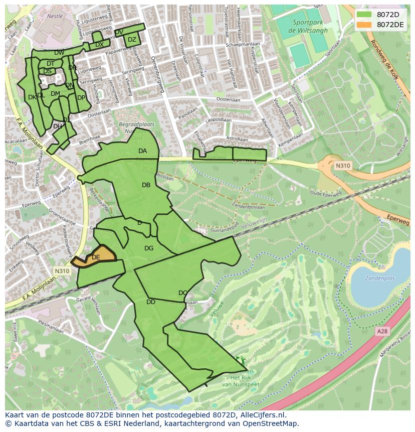 Afbeelding van het postcodegebied 8072 DE op de kaart.