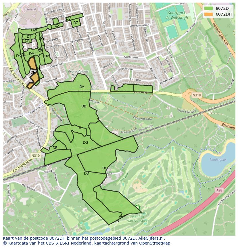 Afbeelding van het postcodegebied 8072 DH op de kaart.