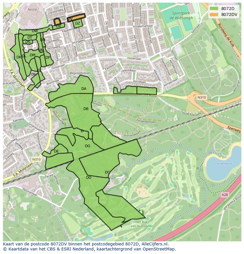 Afbeelding van het postcodegebied 8072 DV op de kaart.