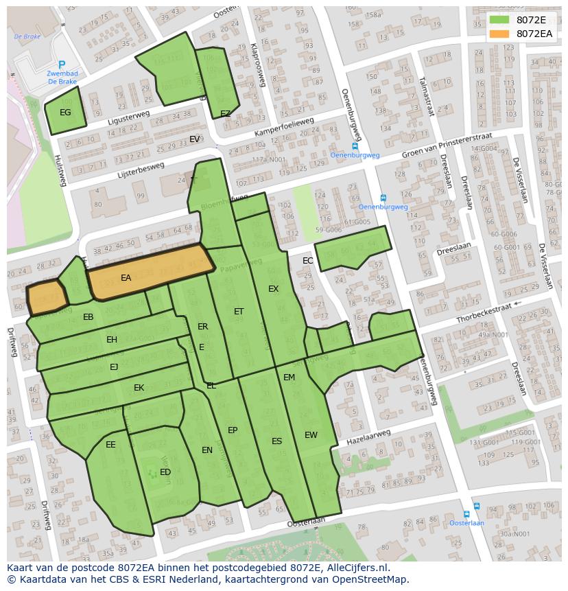 Afbeelding van het postcodegebied 8072 EA op de kaart.