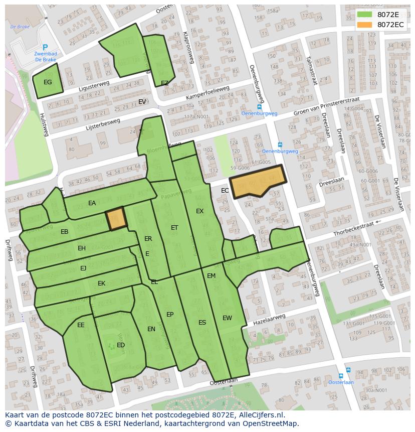 Afbeelding van het postcodegebied 8072 EC op de kaart.