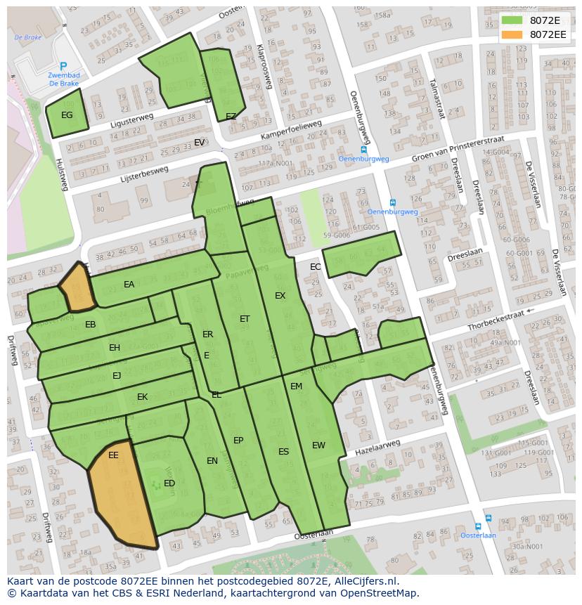 Afbeelding van het postcodegebied 8072 EE op de kaart.