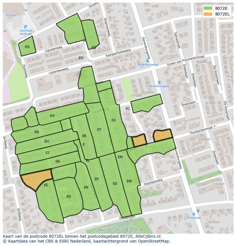 Afbeelding van het postcodegebied 8072 EL op de kaart.